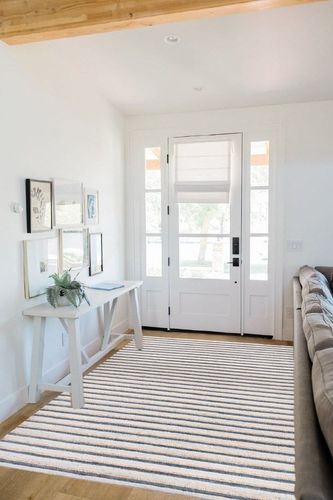 Benjara Azu 5 x 8 Handmade Medium Area Rug, Classic Stripes, Aqua, Ivory,White and Blue in White Scandinavian Entryway
