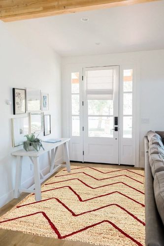 CASAVANI Collection Rectangular Area Rug - 5x8 Feet Red Braided Jute Rug Geometric Kilim Rug Indoor Outdoor Use Carpet Flatweave Rugs for Bedroom Dining Room Living Room in White Scandinavian Entryway