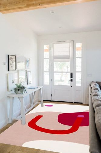 SAFAVIEH Fifth Avenue Collection Area Rug - 5' x 8', Ivory & Red, Handmade Mid-Century Modern Abstract Wool, Ideal for High Traffic Areas in Living Room, Bedroom (FTV143A) in White Scandinavian Entryway