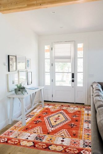 nuLOOM Reda Aztec Bordered Machine Washable Ultra Thin Area Rug, 5' x 8', Burnt Orange in White Scandinavian Entryway
