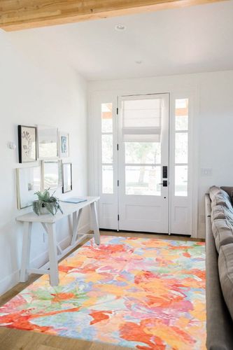 SAFAVIEH Florist Collection 5' x 8' Yellow / Plum FLS154C Colorful Floral Distressed Area Rug in White Scandinavian Entryway