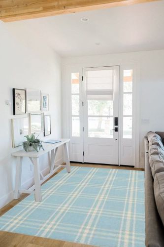 SAFAVIEH Kilim Collection Area Rug - 5' x 8', Light Blue & Yellow, Handmade Plaid Flat Weave Wool, Ideal for High Traffic Areas in Living Room, Bedroom (KLM420A) in White Scandinavian Entryway