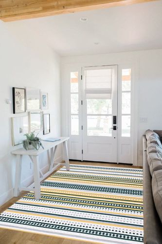 SAFAVIEH Montauk Collection Area Rug - 5' x 8', Yellow & Ivory, Handmade Boho Stripe Cotton, Ideal for High Traffic Areas in Living Room, Bedroom (MTK451D) in White Scandinavian Entryway
