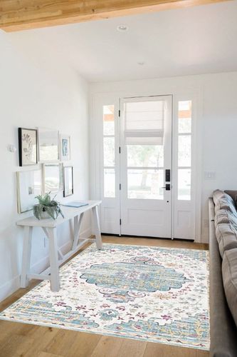 Pajata Light Blue and White Vintage 5X7 Area Rug in White Scandinavian Entryway