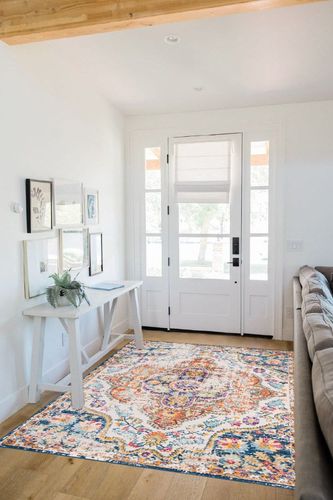 Bohemian Stain Resistant, Non Slip Area Rug in White Scandinavian Entryway