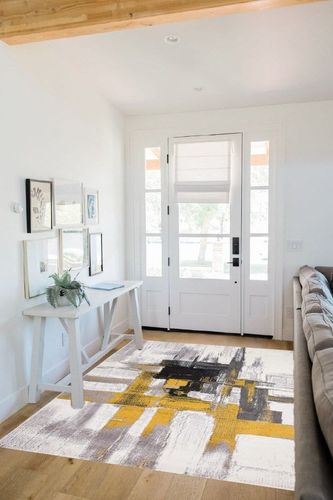 Gold Modern Stain Resistant Living Room Area Rug in White Scandinavian Entryway
