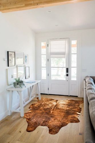 NativeSkins Brindle Faux Cowhide Rug - Sahara Sands (4.6ft x 6.6ft) - Cow Print Area Rug for a Western Boho Decor - Synthetic, Cruelty-Free Animal Hide Carpet with No-Slip Backing, Cow Print Rug in White Scandinavian Entryway
