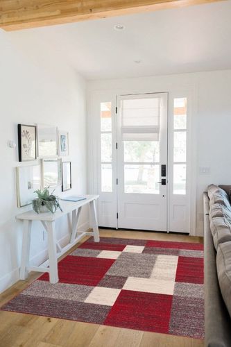 Modern Boxes Design Non-Slip (Non-Skid) Area Rug 5 X 7 (5' 3" X 7' 3") Red in White Scandinavian Entryway