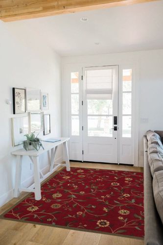 Machine Washable Floral Leaves Design Non-Slip Rubberback 5x7 Traditional Area Rug for Living Room, Bedroom, Kitchen, 5' x 6'6", Red in White Scandinavian Entryway