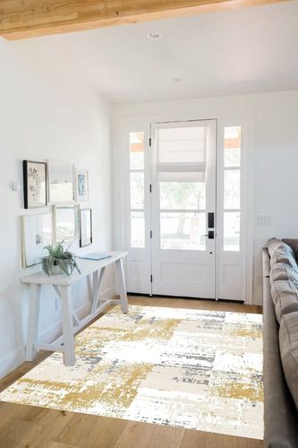 OIGAE Machine Washable Rug 5x7 - Low-Pile Area Rug Non-Shedding Foldable Abstract Modern Rugs, Stain Resistant Anti Slip Backing Rugs for Living Room&Bedroom&Dining Carpet Room Decor, Yellow in White Scandinavian Entryway