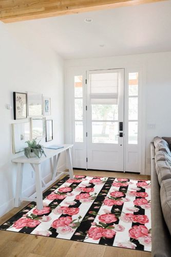 Large Area Rugs for Living Room, Black White Striped Flowers Carpet Floor Mats, Luxury Fluffy Rugs for Bedroom Playing Room Kitchen Hallway Home Decor, Soft Non Slip Washable Area Rugs 80x58 Inch in White Scandinavian Entryway