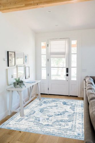 Pajata Blue and Cream Vintage 5X7 Area Rug Soft Fluffy Pile Carpet, Stain Resistant Faux Wool Soft Fuzzy Machine Washable Rug, Boho Chic Low-Pile Floral Carpet for Bedroom Kitchen Living Room in White Scandinavian Entryway