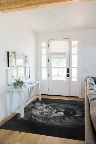DNOVING Large Black and White Lion Area Rug 5x7ft Non Slip, Rubber Backed Perfect for Living Room, Bedroom, Office, Dining Room Timeless and Classic Decor Indoor Fluffy Area Rug in White Scandinavian Entryway