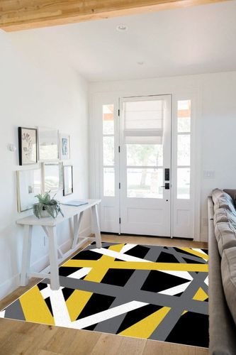 Large Area Rug, Yellow Black Grey Geometric Non-Slip Indoor Accent Area Carpet, Modern White Abstract Art Striped Fluffy Shaggy Runner Rug for Living Room, Bedroom, Kids Room, 5'x 7' in White Scandinavian Entryway