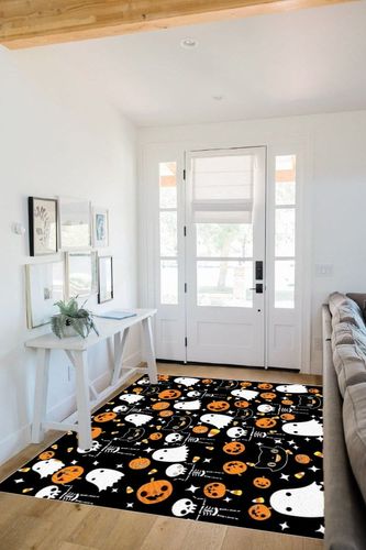 Large Area Rug, Halloween Non-Slip Indoor Accent Area Carpet, Orange Pumpkin White Ghost Skeleton Black Fluffy Shaggy Runner Rug for Living Room, Bedroom, Kids Room, 5'x 7' in White Scandinavian Entryway