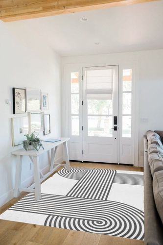 Mid Century Modern Minimalist Black and White Area Rug for Livingroom Bedroom Diningroom Non-Shedding Washable Wool Home Office Floor Carpet Mat 5x7 in White Scandinavian Entryway