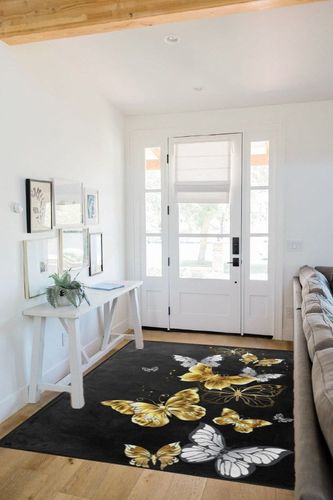 Gold White Butterflies Black Area Rugs Bedroom Living Room Rug Fluffy Soft Machine Washable Large Area Easy to Clean for Living Room Bedroom Room Boy Girl Room Nursery,5ft x 7ft in White Scandinavian Entryway