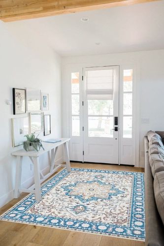 CHOSHOME Area Rug - 5x7 Low-Pile Machine Washable Rug Vintage Rug with Non-Slip Backing, Non-Shedding Indoor Floor Rugs for Living Room Bedroom Kitchen Laundry Home Office Carpet, Blue in White Scandinavian Entryway
