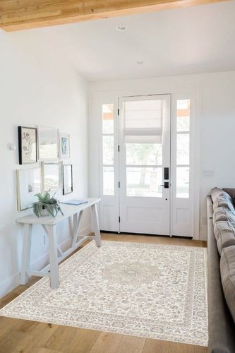 Area Rug Living Room Rugs: 5x7 Large Machine Washable Non Slip Thin Carpet Soft Indoor Luxury Floral Distressed Carpets for Under Dining Table Farmhouse Bedroom Nursery Home Office Beige in White Scandinavian Entryway