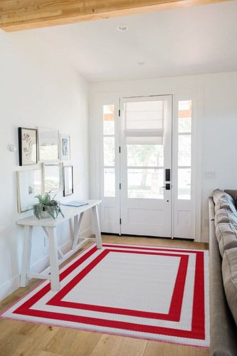 Playa Outdoor Rug - Crease-Free Recycled Plastic Floor Mat for Patio, Camping, Beach, Balcony, Porch, Deck - Weather, Water, Stain, Lightweight, Fade and UV Resistant - Paris- Red & White (5'x7') in White Scandinavian Entryway