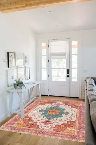 Moynesa Ultra-Thin Washable Vintage Area Rug - 5x7 Large Bedroom Boho Non-Slip Non-Shedding Living Room Mat Oriental Medallion Floor Carpet for Kids Nursery Room Office, Pink/Teal/Multi in White Scandinavian Entryway