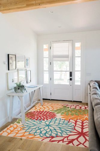 Nourison Aloha Indoor/Outdoor Green 5'3" x 7'5" Area-Rug, Tropical, Botanical, Easy-Cleaning, Non Shedding, Bed Room, Living Room, Dining Room, Deck, Backyard, Patio (5x7) in White Scandinavian Entryway