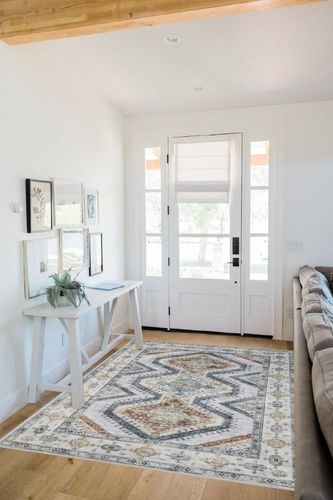 Area Rug Living Room Rugs - 5x7 Large Machine Washable Boho Thin Carpets Vintage Tribal Anti Slip Backing Carpet for Under Dining Table Bedroom Farmhouse Home Office Grey in White Scandinavian Entryway