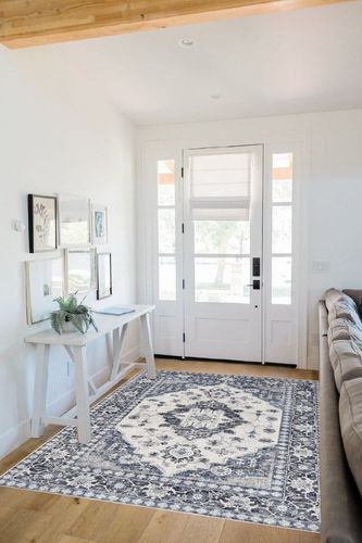 Area Rug Living Room Rugs: 5x7 Large Machine Washable Boho Carpet Vintage Medallion Floral Indoor Non Slip Decor Carpets for Under Dining Table Bedroom Farmhouse Nursery Home Office Blue in White Scandinavian Entryway