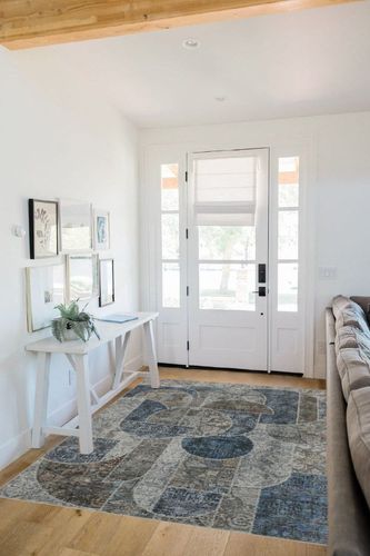 Washable Rug 5x7 Area Rugs for Bedroom, Soft Low Pile Living Room Rugs with Non-Slip Backing, Vintage Patchwork Indoor Floor Carpet for Dining Room Nursery Home Office-Blue/Grey in White Scandinavian Entryway