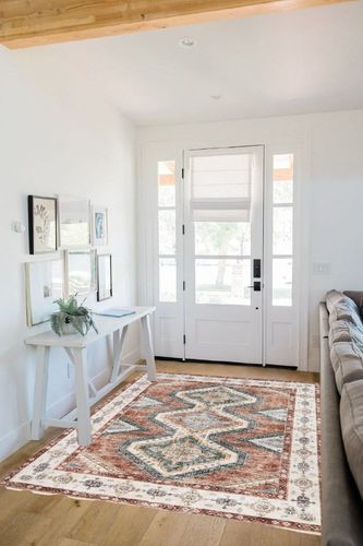 Area Rug Living Room Rugs - 5x7 Large Machine Washable Boho Thin Carpets Vintage Tribal Anti Slip Backing Carpet for Under Dining Table Bedroom Farmhouse Home Office Red in White Scandinavian Entryway