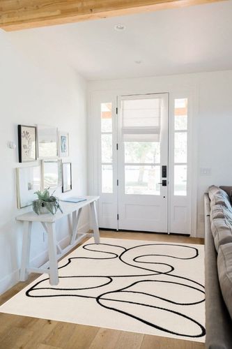 Hauteloom Eilir Bohemian Living Room, Bedroom Area Rug - Modern Boho Farmhouse - Striped Geometric Carpet - Cream, Beige, Black, Bone - 5' x 7' in White Scandinavian Entryway