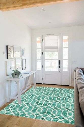 Lahome Washable 5x7 Living Room Rug, Green Large Rug for Bedroom Geometric Mat with Trellis, Soft Modern Non Slip Low Pile Accent Carpet for Home Office Nursery in White Scandinavian Entryway