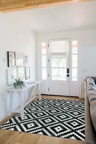 Lahome Moroccan Area Rug 5x7 Washable Rug Soft Non Slip Non Shedding Low Pile Printed Geometric Trellis Rugs for Indoor Bedroom Living Room Dining Room Playroom Carpet, Black and White in White Scandinavian Entryway