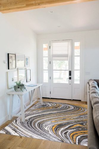 Rugshop Contemporary Abstract Swirl Stain Resistant Soft Area Rug 5' x 7' Yellow in White Scandinavian Entryway