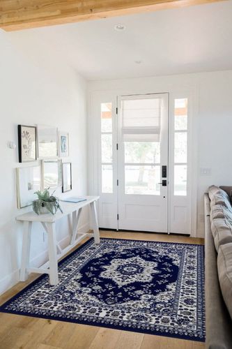 Antep Rugs Alfombras Oriental Traditional 5x7 Non-Skid (Non-Slip) Low Profile Pile Rubber Backing Indoor Area Rugs (Navy Blue, 5' x 7') in White Scandinavian Entryway