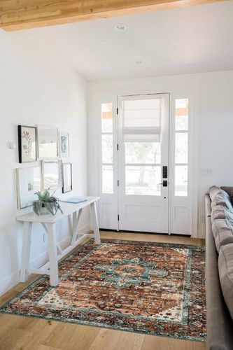 Moynesa Ultra-Thin Washable Vintage Area Rug - 5x7 Large Boho Non-Slip Rug for Bedroom Living Room Oriental Medallion Non-Shedding Print Floor Carpet for Dining Room Home, Brick Red/Dull Teal in White Scandinavian Entryway