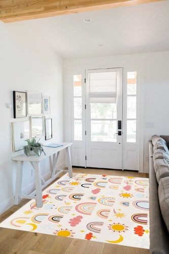 LTKOUGFAM Soft Kids Area Rug, Large Washable Space Mat, Non-Slip Cute Rainbow Weather Baby Crawling Floor Mat for Living Room Playroom Classroom Bathroom (59" x 39" S) in White Scandinavian Entryway