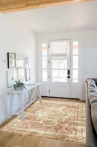 vivorug Washable Rug, Ultra Soft Area Rug 5x7, Non Slip Boho Rug Foldable, Stain Resistant Rugs for Living Room, Bohemian Floral Medallion (Pink/Grey, 5'x7') in White Scandinavian Entryway