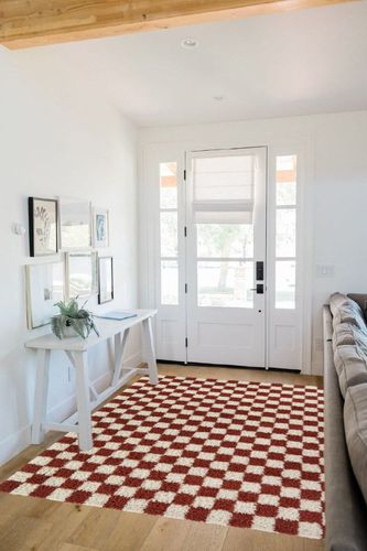Balta Rugs Oslo Checkered Shag Rug, Red, 5' 3" x 7' in White Scandinavian Entryway