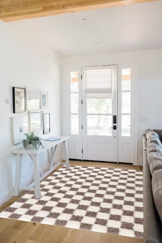 Hauteloom Atira Checkered Shag Area Rug - Checkboard Design - High Pile Fluffy Shaggy Touch - Square Tiles - Kids Room, Nursery, Living Room Shaggy Carpet - Brown, Cream, White - 5'3" x 7'3" in White Scandinavian Entryway