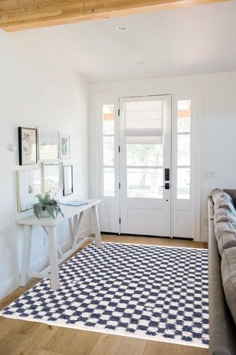 Hauteloom Kieu Checkered Shag Bedroom Living Room Area Rug - High Pile - Shaggy Plush Modern Soft Carpet - Blue, White - 5'3" x 7' in White Scandinavian Entryway