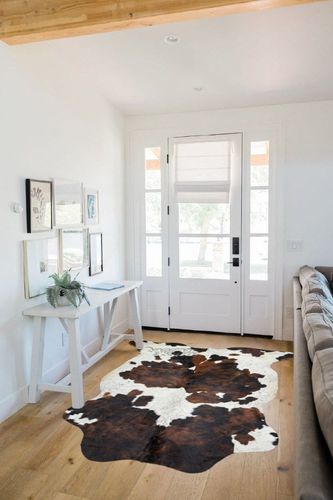 Tricolor Cowhide Rug Classic Brown, Black and White Color Mix, Natural Leather Hide, Area Rug (5x7 ft) in White Scandinavian Entryway