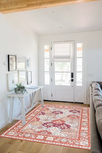 INGEROOM Area Rug 5x7 Boho Area Rug Machine Washable Area Rug Door Mat Vintage Indoor Entrance Flodable Thin Rug with Non Slip Backing for Living Room Bedroom Bathroom Kitchen 5x7 Ares Rugs, Red in White Scandinavian Entryway