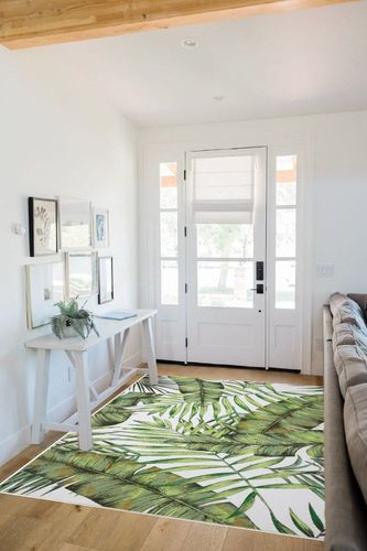 CAREMEE 5x7 Area Rug for Living Room Low Profile Palm Tree Leaf Area Rug Large Throw Carpet Indoor Machine Washable Rug for Bedroom Kitchen Patio Home Decor, 5' x 7' Green in White Scandinavian Entryway
