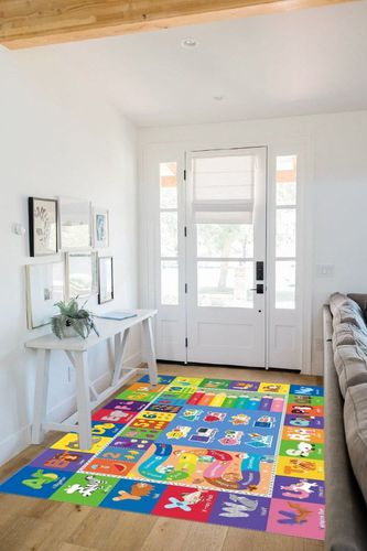 Mhconneaty Kids Play Mat Kids Rug for Playroom, 78.7x59 Inches Floor Mat for Baby Play Mat Playtime Collection ABC, Numbers, Animals, Month, Season Educational Area Rug for Kids Room Classroom in White Scandinavian Entryway