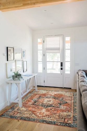 Wonnitar Oriental 5x7 Area Rugs,Washable Large Living Room Rug,Non-Slip Ultra-Thin Vintage Throw Rug for Dining Room,Retro Stain Resistant Floor Mat for Mud Room Basement Entry,Orange in White Scandinavian Entryway