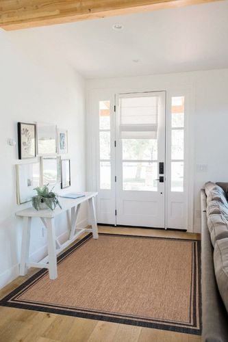 Gertmenian Indoor Outdoor Area Rug, Classic Flatweave, Washable, Stain & UV Resistant Carpet, Deck, Patio, Poolside & Mudroom, 5x7 Ft Standard, Simple Border, Black Tan, 21490 in White Scandinavian Entryway