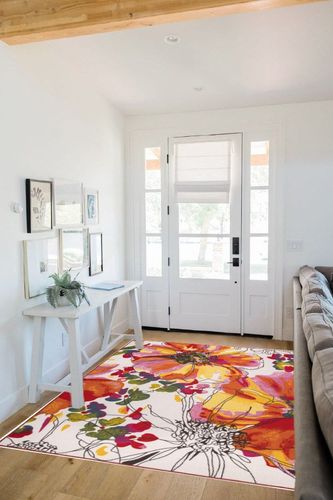Rugshop Modern Bright Flowers Non-Slip (Non-Skid) Area Rug 5 X 7 (5' 3" X 7' 3") Multi in White Scandinavian Entryway