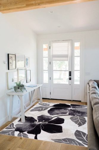 CAMILSON Solana Modern Floral 5x7 Area Rugs Non-Skid (Non-Slip) Rubber Backing Black and White Flowers Indoor Rug (5x7, Black White) in White Scandinavian Entryway