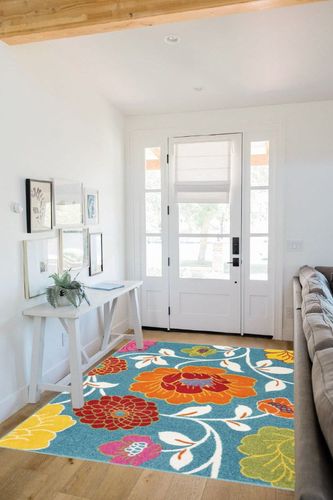 Well Woven StarBright Daisy Flowers Modern Floral Blue 5' x 7' Kids Area Rug in White Scandinavian Entryway